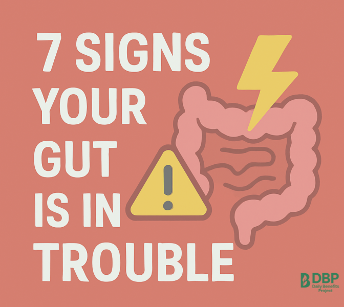 Illustration of an intestine with a warning sign and lightning bolt, with text "7 Signs Your Gut Is in Trouble"
