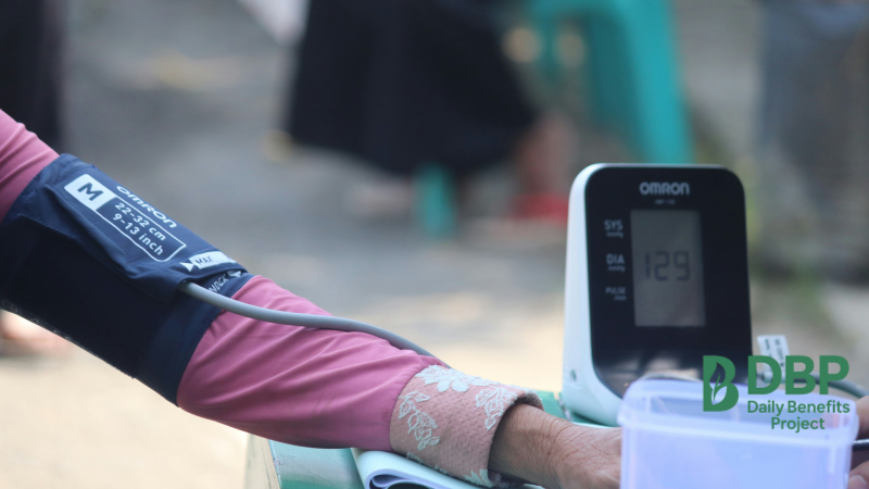 Blood pressure monitor showing systolic and diastolic readings for high blood pressure