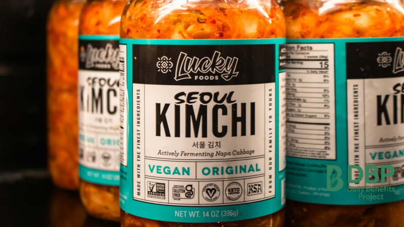 Vegan kimchi in a jar, rich in probiotics for gut health
