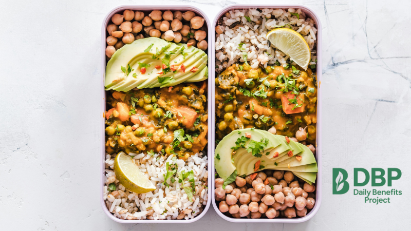 Lentil curry with avocado and chickpeas – vegan food vegan food lunchbox with lentil curry, avocado slices, and chickpeas