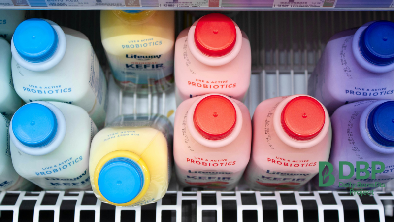 Bottled kefir drinks in a fridge, full of gut-friendly bacteria