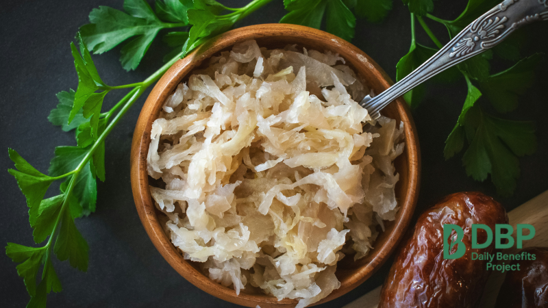 Sauerkraut in a wooden bowl, rich in lactic acid bacteria