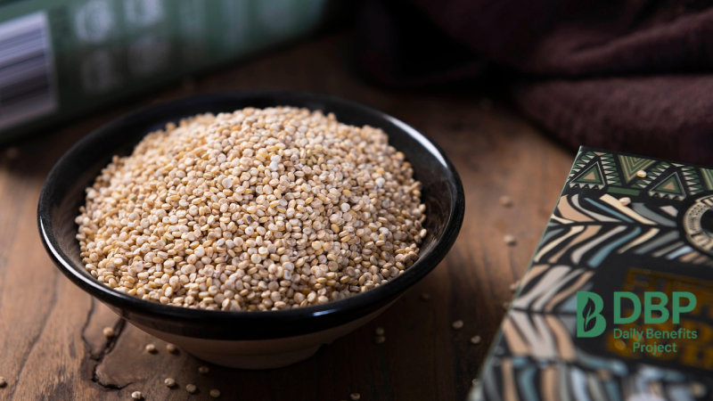 Quinoa – complete protein for vegan food meals bowl of raw quinoa grains on a wooden table