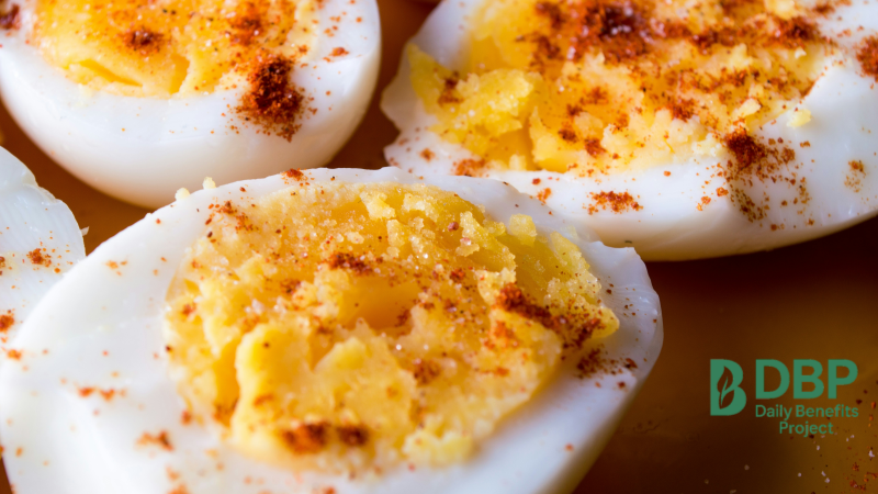 Close-up of boiled eggs with paprika and seasoning