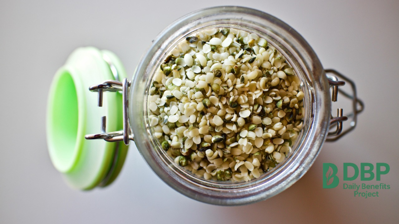 Hemp seeds – omega-rich vegan food jar of shelled hemp seeds