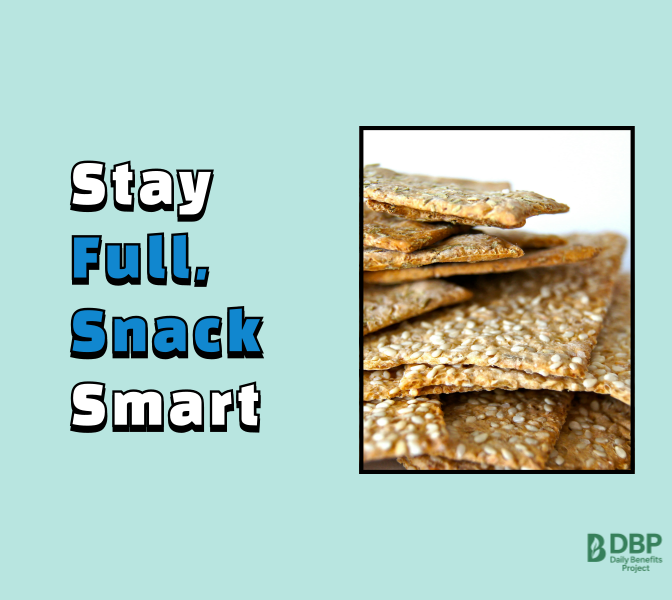 Wholegrain crackers with bold text Stay Full Snack Smart on pastel background