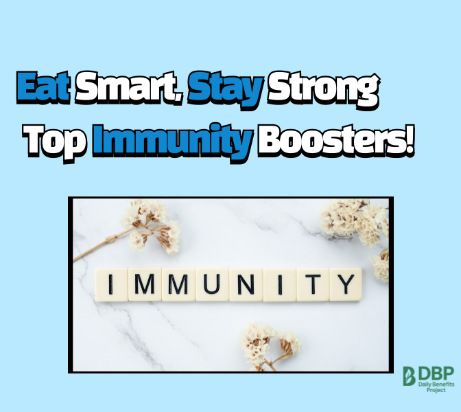 Eat Smart, Stay Strong - Natural foods to boost immunity with tiles spelling "IMMUNITY"