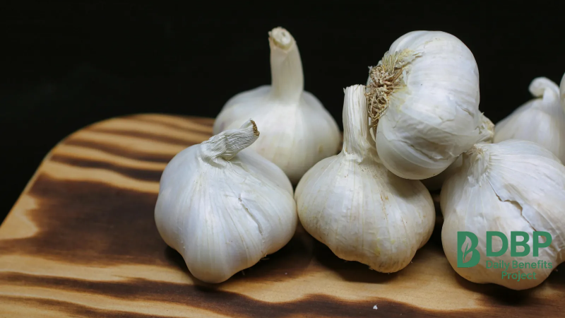 Garlic as a natural immune boosting food Fresh garlic bulbs on a wooden board as a natural immune booster